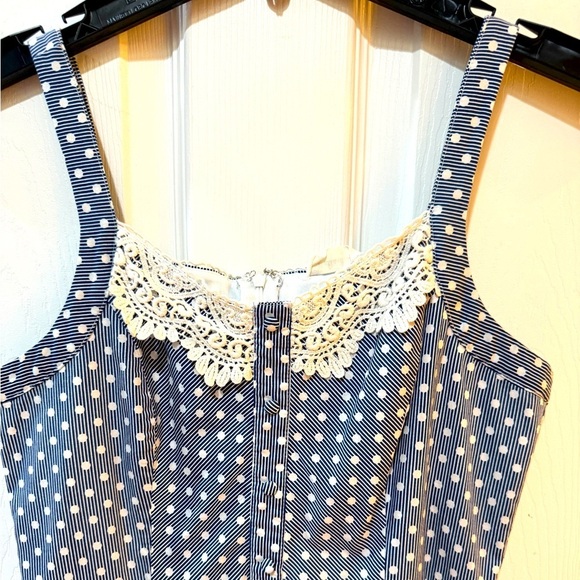 Altar’d State Blue Polka Dot Dress with Lace Trim zip up back, button detail - Picture 2 of 7